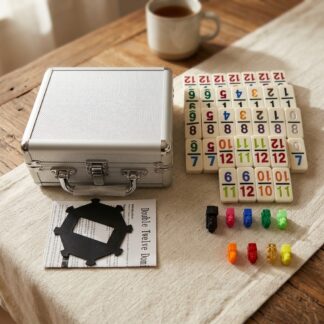 Easy-Read Double-12 Mexican Train set with printed number tiles, hub, markers and aluminum case on a dining table
