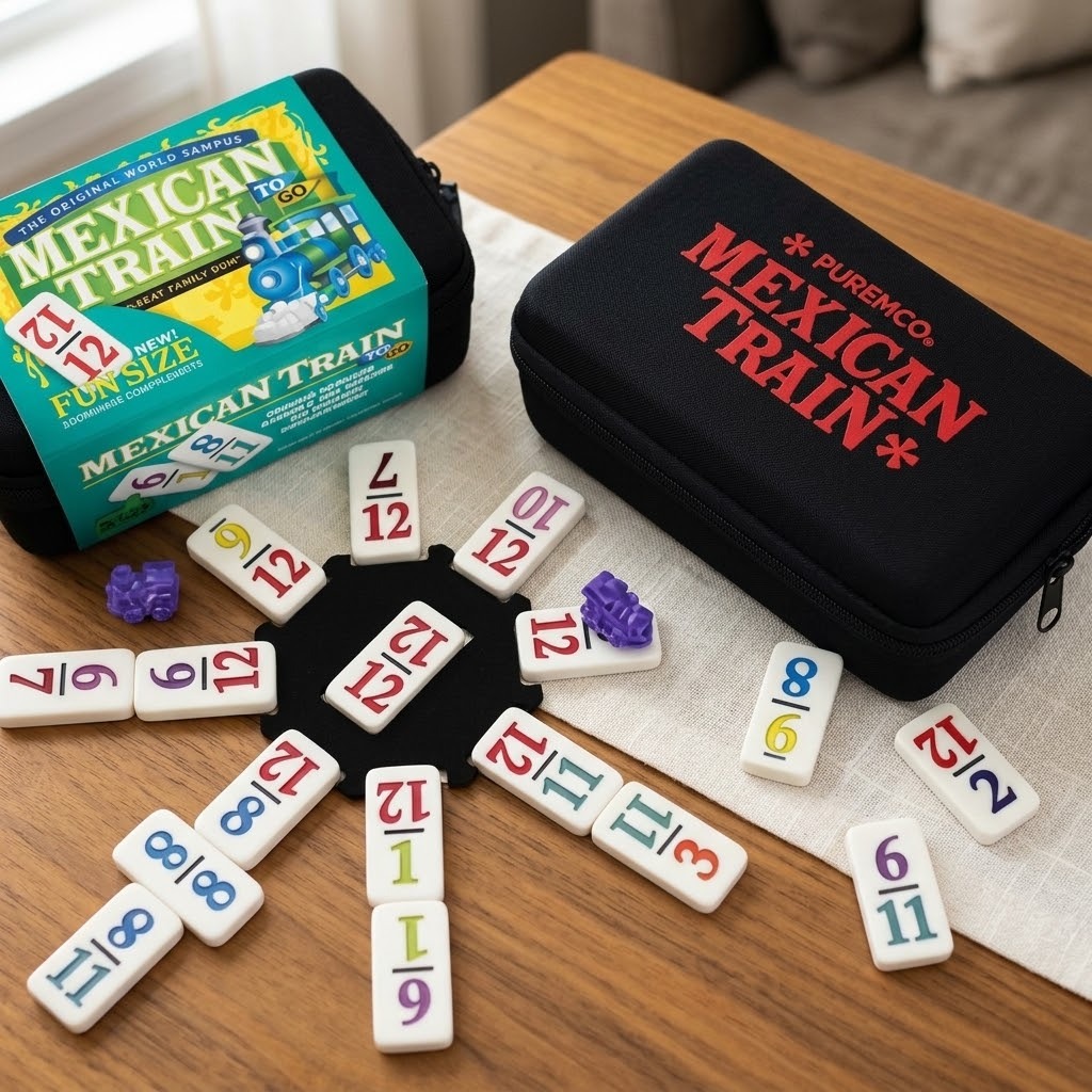 Easy-read Mexican Train travel set with number tiles, hub, train markers and zip case