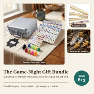 Game-Night Gift Bundle: Mexican Train Double-12 set with 4 wooden racks and 9 metal train markers