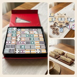 Game-Night Gift Bundle: personalized Double-12 set, engraved hub and four wood player trays