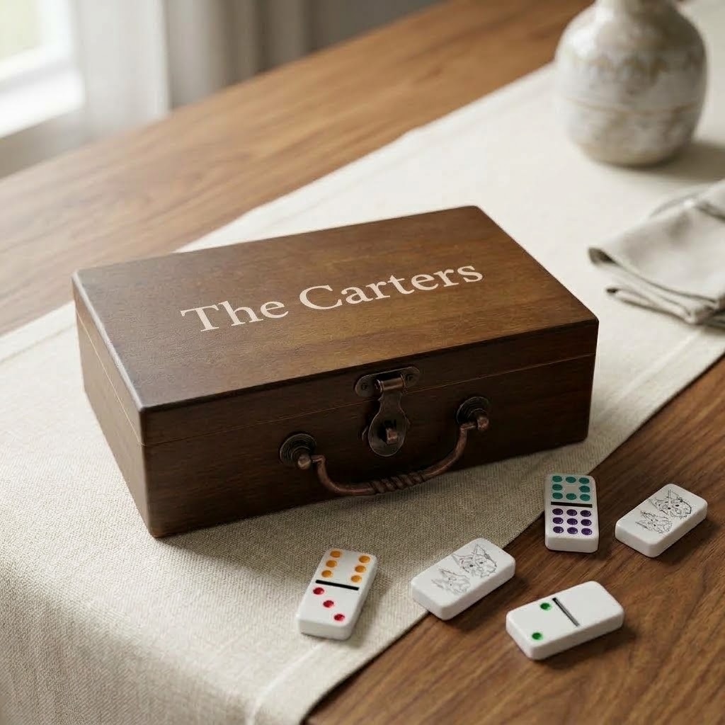 Wooden treasure box engraved with names, with personalized domino tiles in front