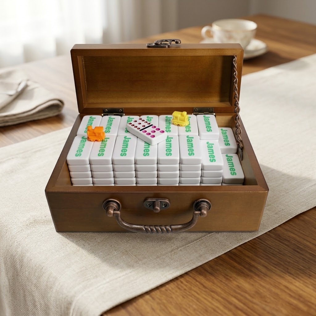 Open wooden treasure box full of Double-12 domino tiles and colored train markers