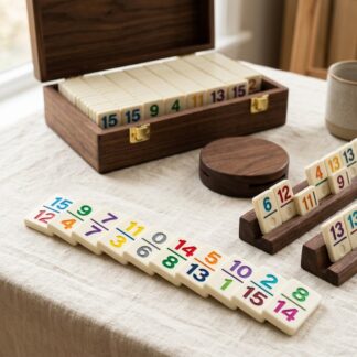 Jumbo Double-15 domino set with printed numerals, wooden racks and train hub in a walnut case