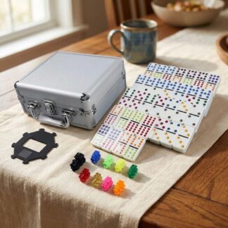 Mexican Train Double-12 dominoes set with aluminum case, train hub and 9 train markers on a family dining table