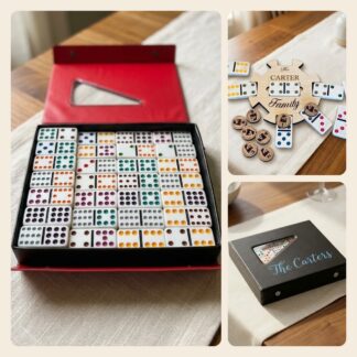 Mexican Train Family Bundle: personalized Double-12 set with an engraved wooden hub and train tokens
