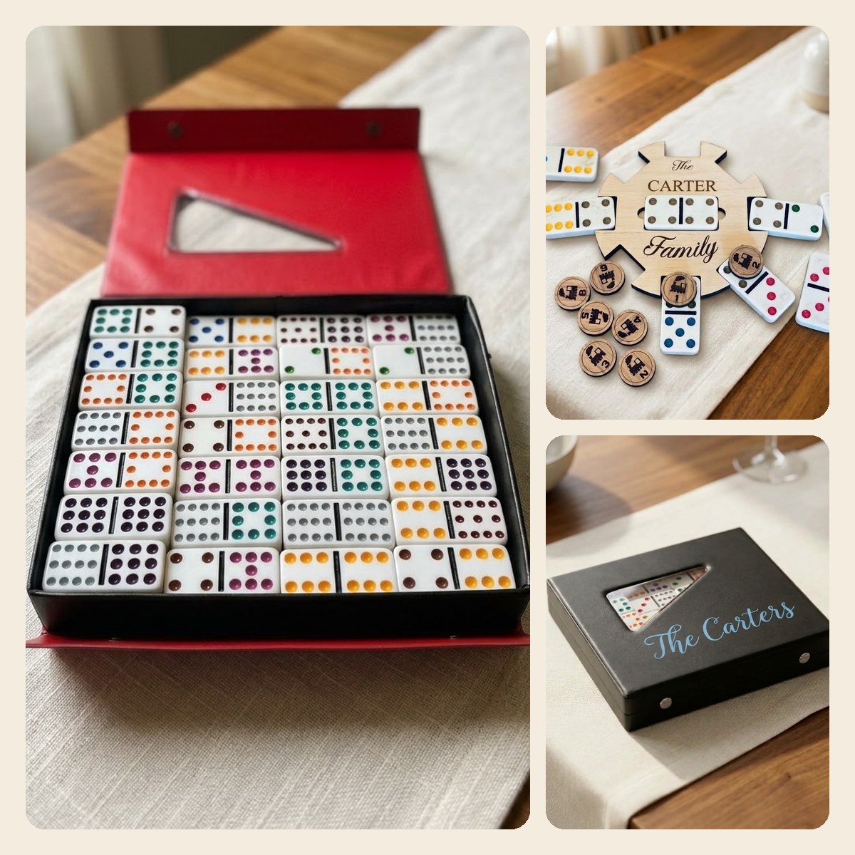 Mexican Train Family Bundle: personalized Double-12 set with an engraved wooden hub and train tokens