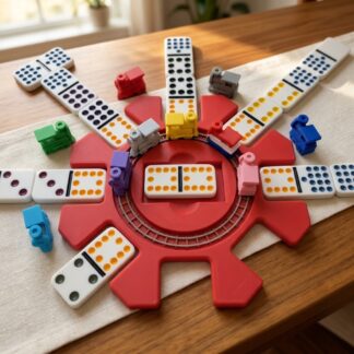 Red Mexican Train hub with colored train markers and domino tiles