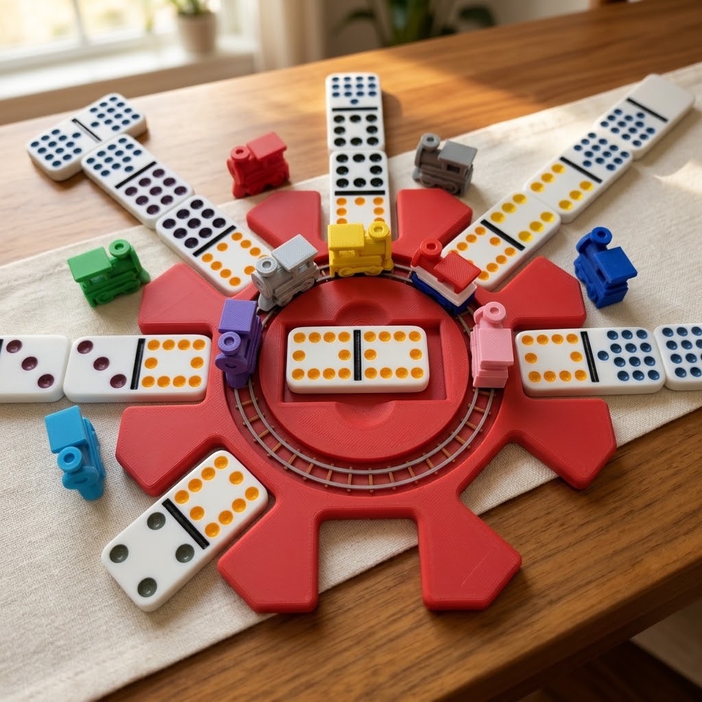 Red Mexican Train hub with colored train markers and domino tiles