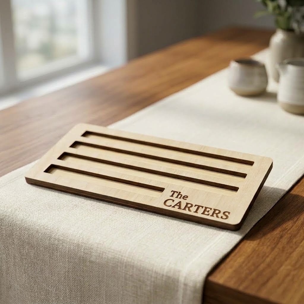 Maple domino holder engraved with a family name