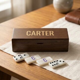 Walnut-stained domino box engraved with a name and personalized Double-6 tiles