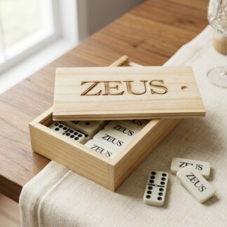 Pine domino box with an engraved sliding lid and engraved Double-9 tiles