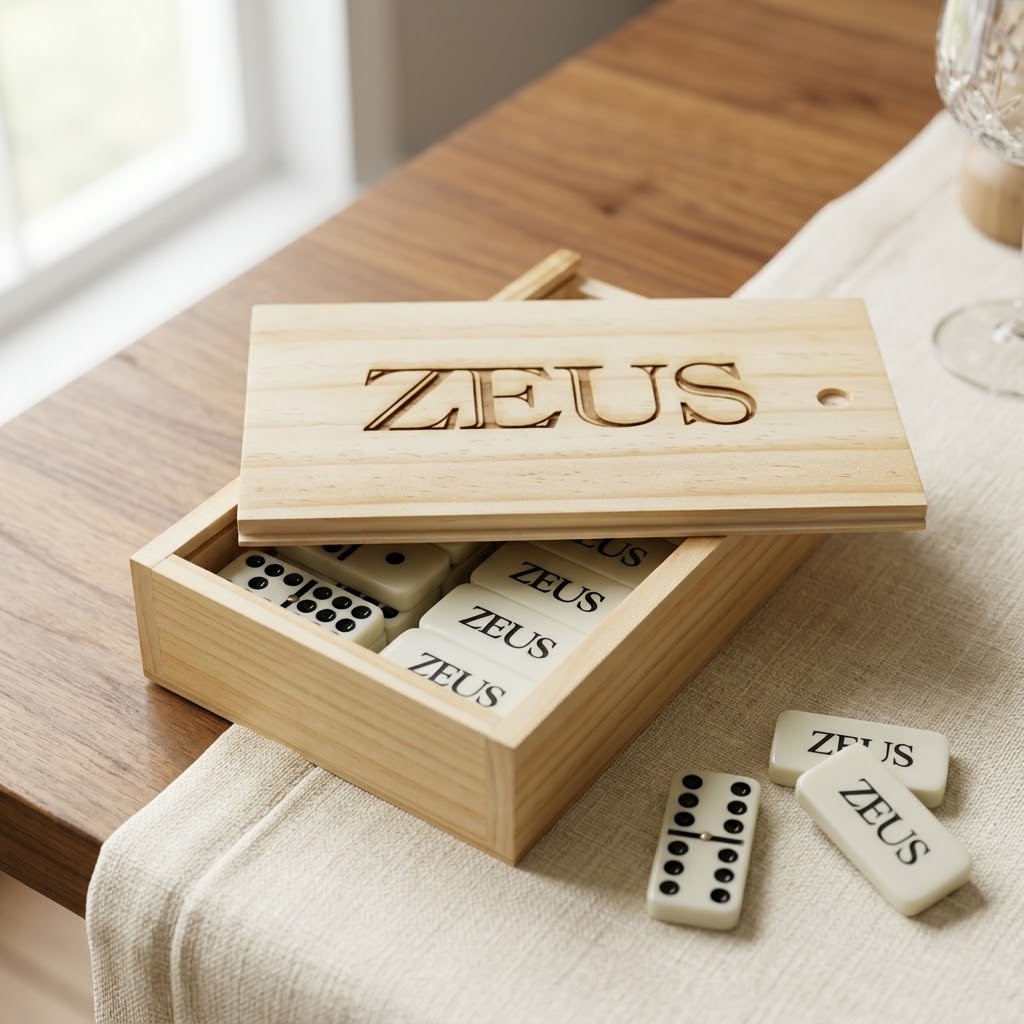 Pine domino box with an engraved sliding lid and engraved Double-9 tiles