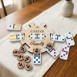 Engraved maple Mexican Train hub with wooden train tokens