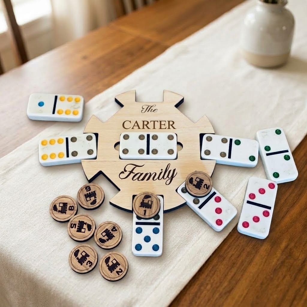 Engraved maple Mexican Train hub with wooden train tokens