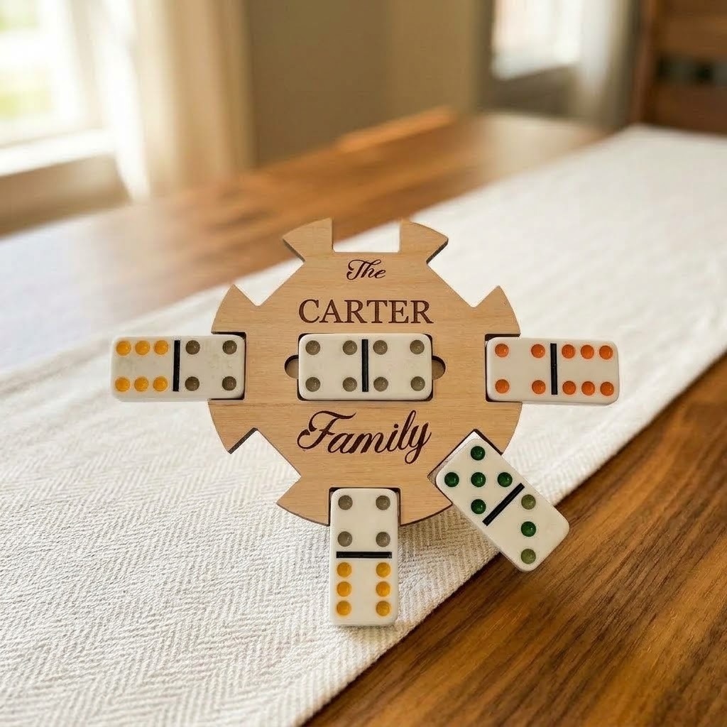Maple Mexican Train hub engraved with a family name