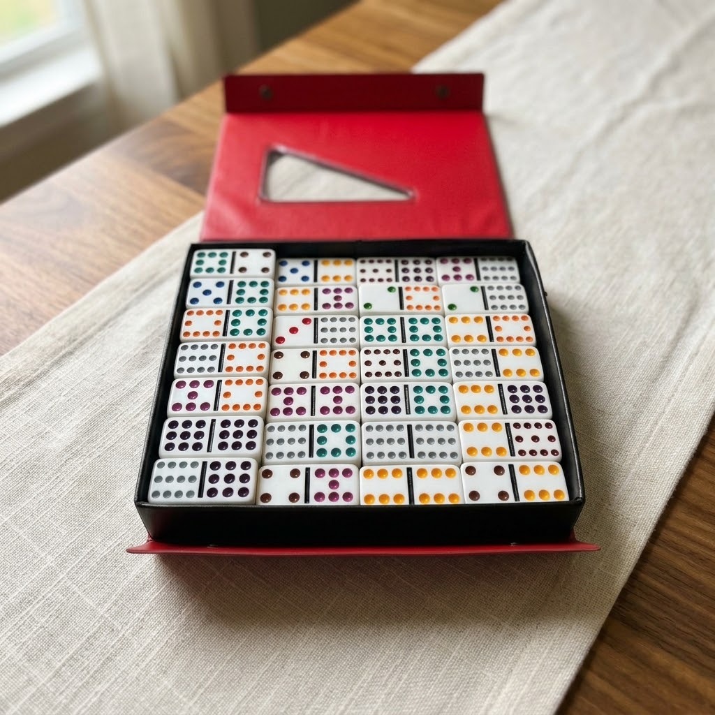 Personalized Mexican Train Double-12 domino set in an open black and red case on a family dining table