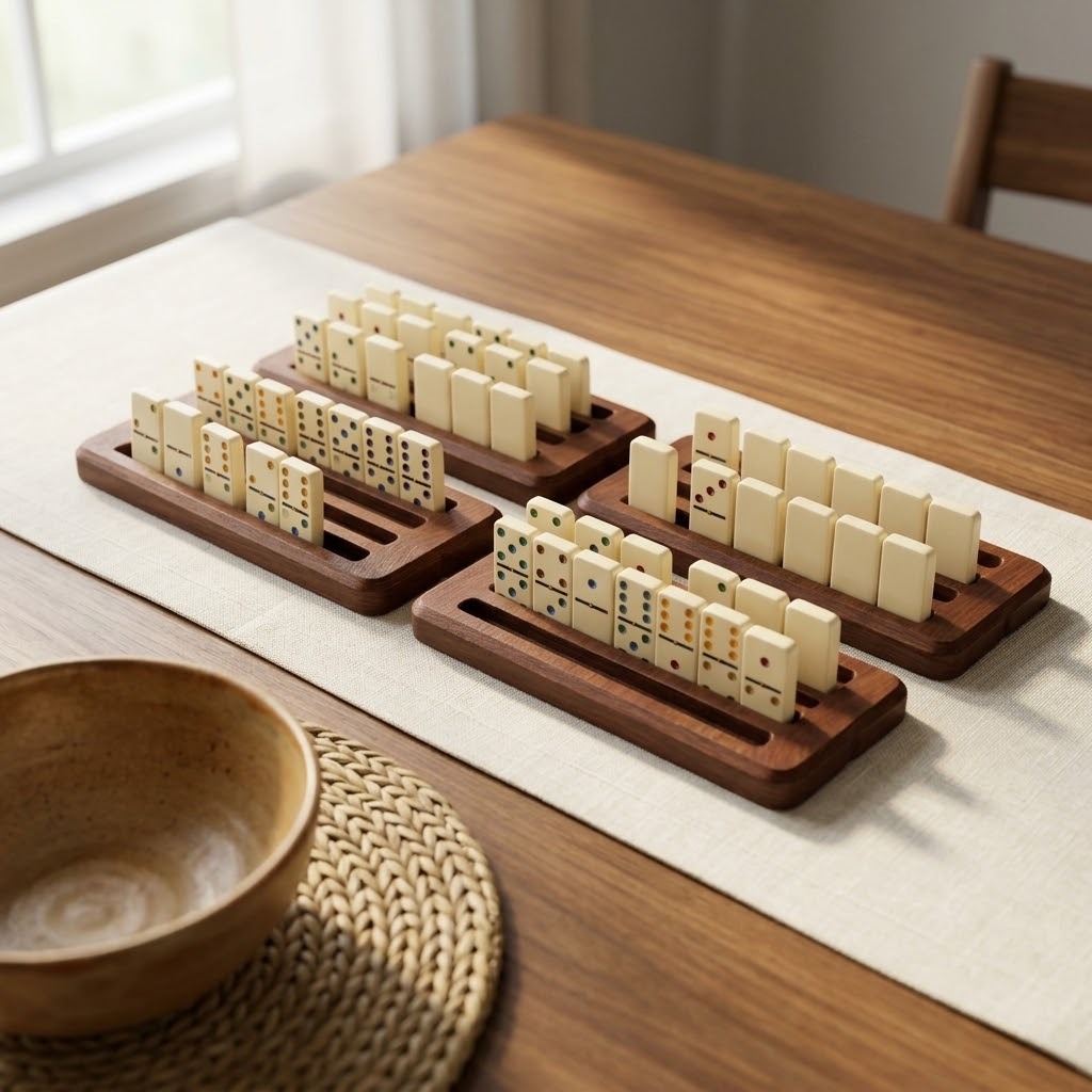Four solid wood domino player trays holding tiles