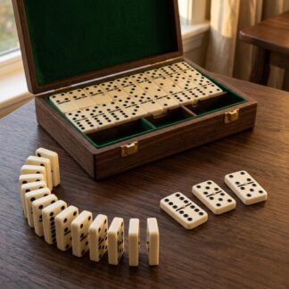 Pro Double-9 club domino set with thick ivory tiles in a felt-lined walnut case