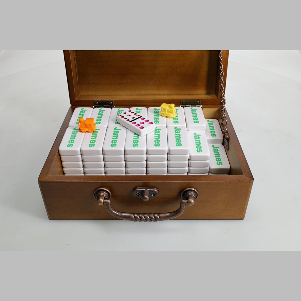 Treasure box open with tiles and trains