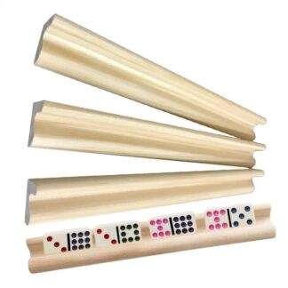 Four wooden domino racks holding color-dot tiles